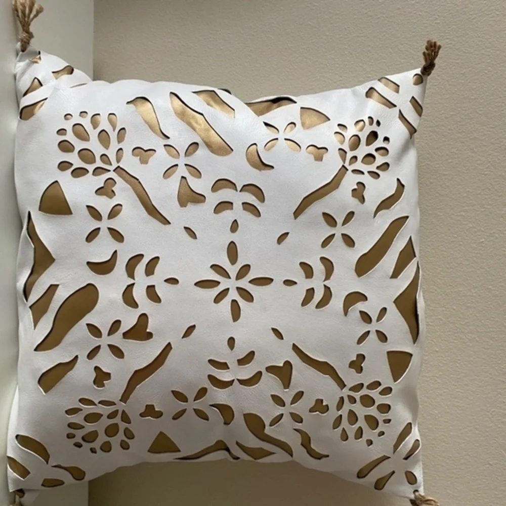 Anthropologie White Leather Gold Inlay Pillow